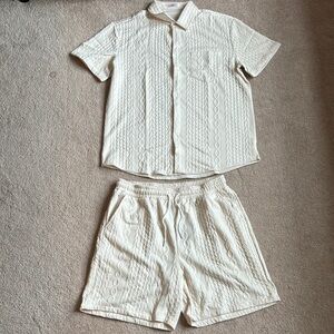 Cream Textured Shirt and Shorts Set